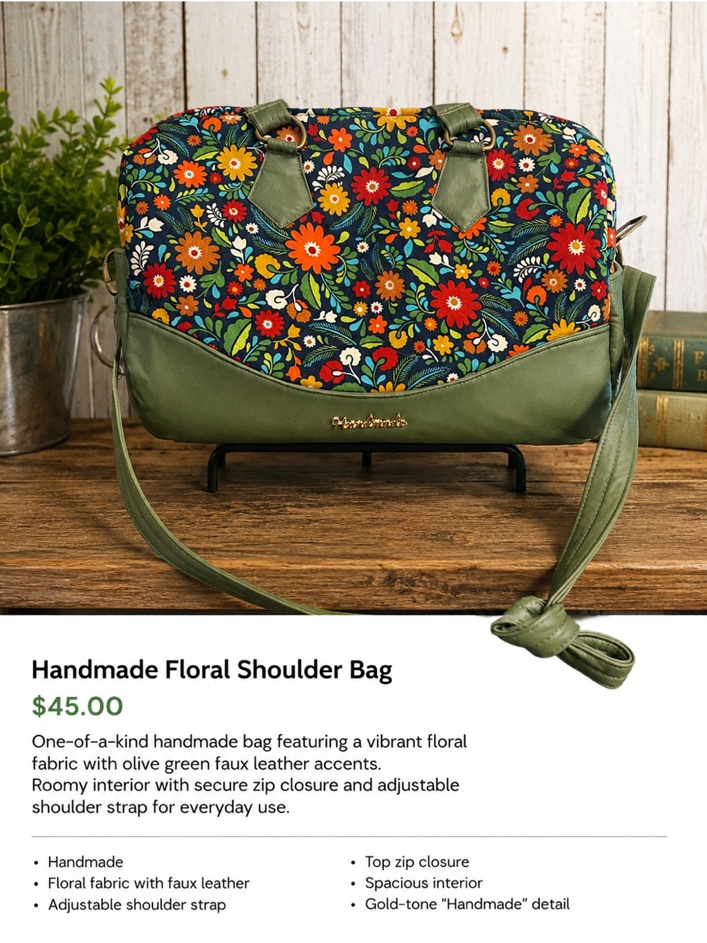 Handmade Floral Shoulder Bag – Olive Green & Navy Multicolor Boho Purse
